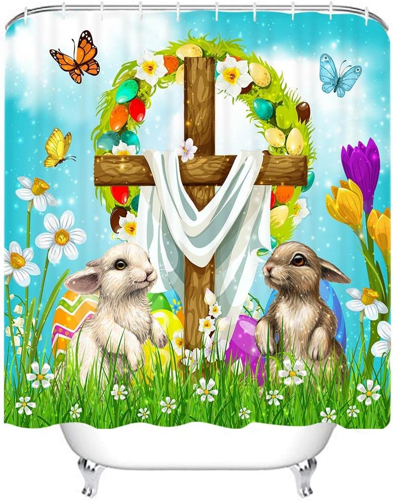 Elegant Wishes He Is Risen The Cross On Spring Floral Easter Bunny Shower Curtain - Waterproof And Stylish