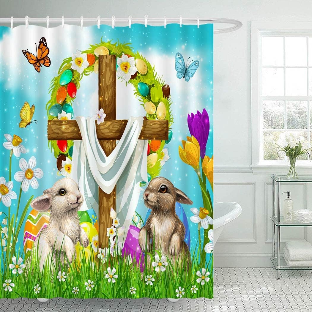 Elegant Wishes He Is Risen The Cross On Spring Floral Easter Bunny Shower Curtain - Waterproof And Stylish - Image 2