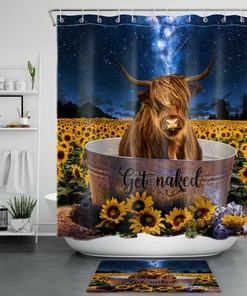 Elegant and Lovely Wild Animal Cow Shower Curtain with Sunflower and Starry Sky Design for Unique Bathroom Decor