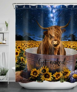 Elegant and Lovely Wild Animal Cow Shower Curtain with Sunflower and Starry Sky Design for Unique Bathroom Decor