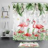 Elegant and Quirky Mushroom Flamingo Marble Shower Curtain with Tropical Plant for Bathroom Decor