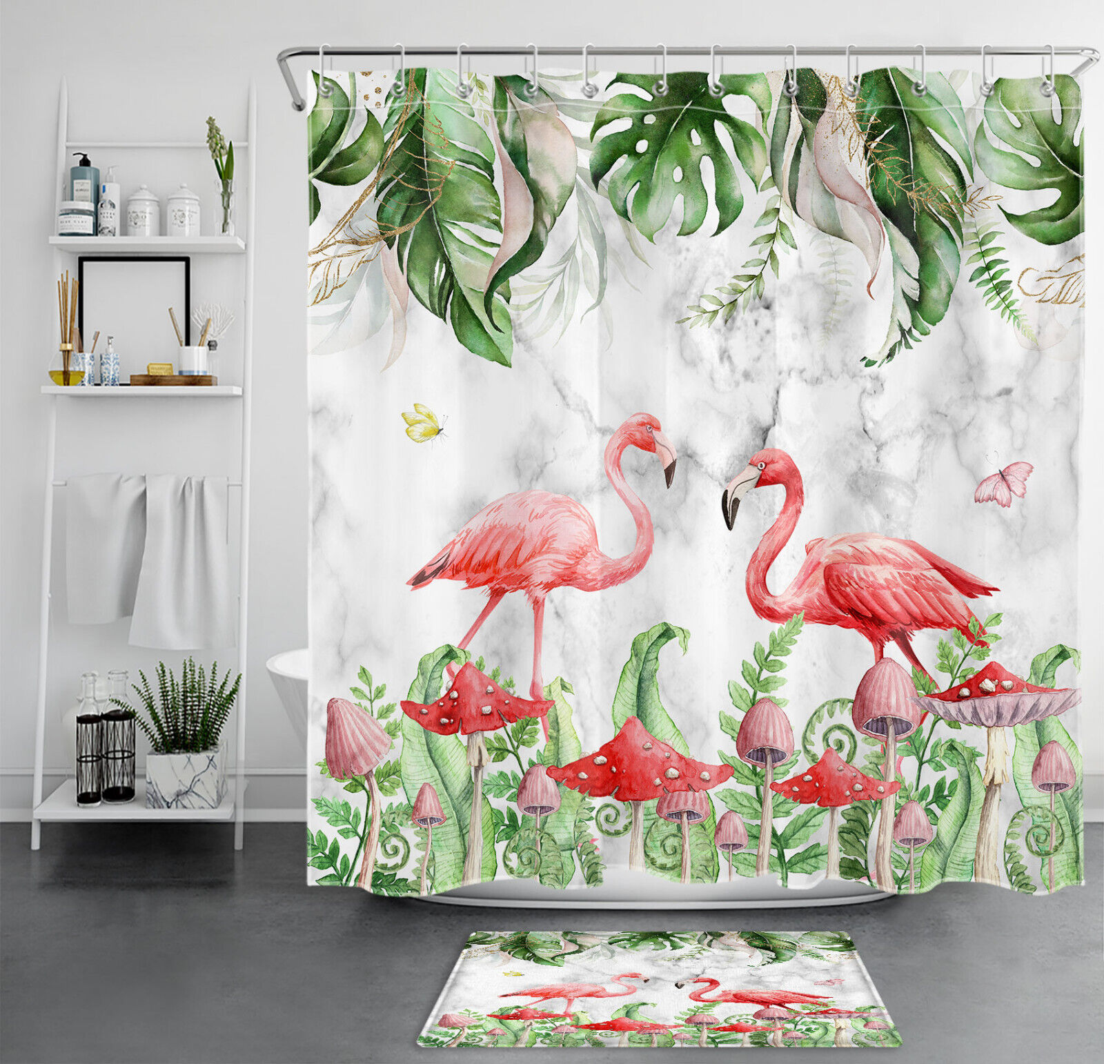 Elegant and Quirky Mushroom Flamingo Marble Shower Curtain with Tropical Plant for Bathroom Decor