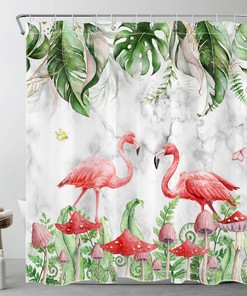 Elegant and Quirky Mushroom Flamingo Marble Shower Curtain with Tropical Plant for Bathroom Decor
