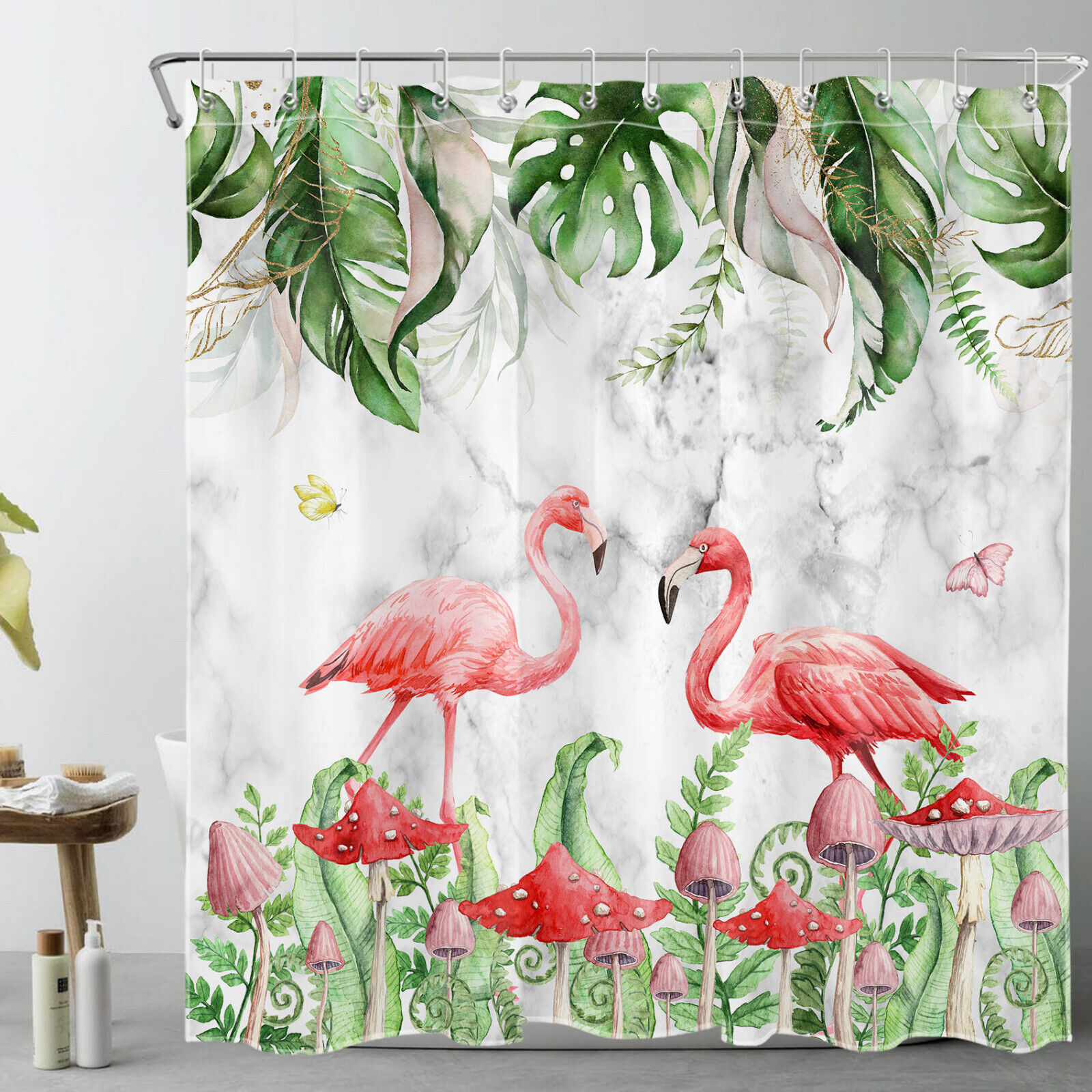 Elegant and Quirky Mushroom Flamingo Marble Shower Curtain with Tropical Plant for Bathroom Decor