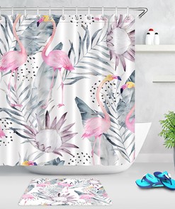 Elegant and Refreshing Shower Curtain with Gray Palm Leaves and Flamingo Print