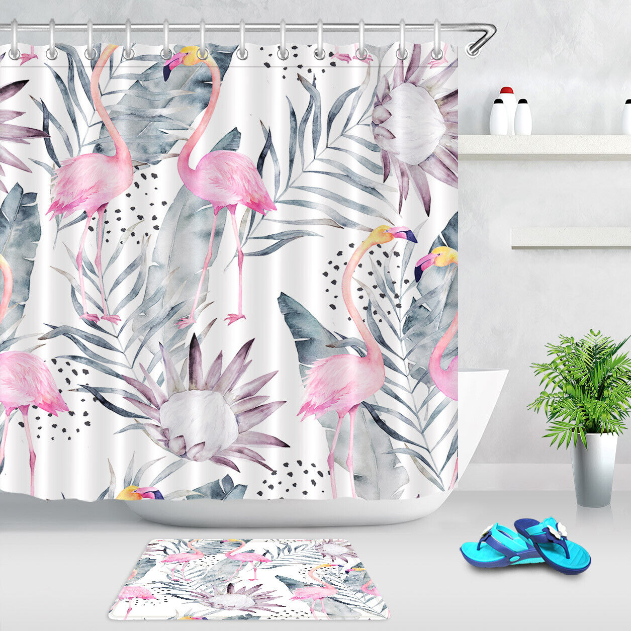 Elegant and Refreshing Shower Curtain with Gray Palm Leaves and Flamingo Print