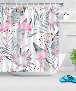 Elegant and Refreshing Shower Curtain with Gray Palm Leaves and Flamingo Print