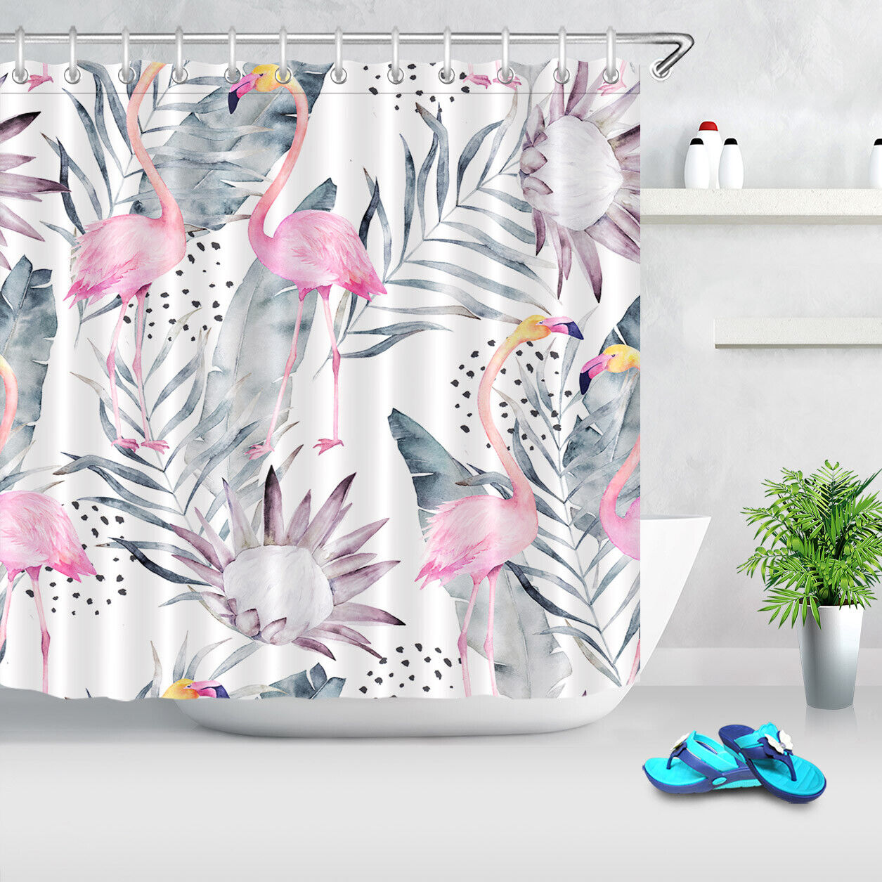 Elegant and Refreshing Shower Curtain with Gray Palm Leaves and Flamingo Print