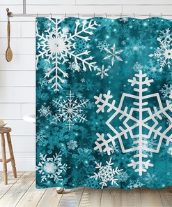Elegant and Understated Merry Christmas Snowflake Shower Curtain in Teal for Delicate Bathroom Decor