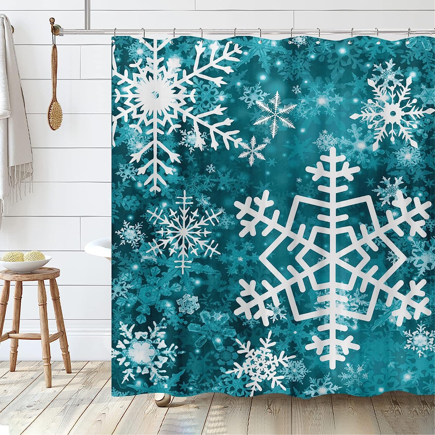 Elegant and Understated Merry Christmas Snowflake Shower Curtain in Teal for Delicate Bathroom Decor