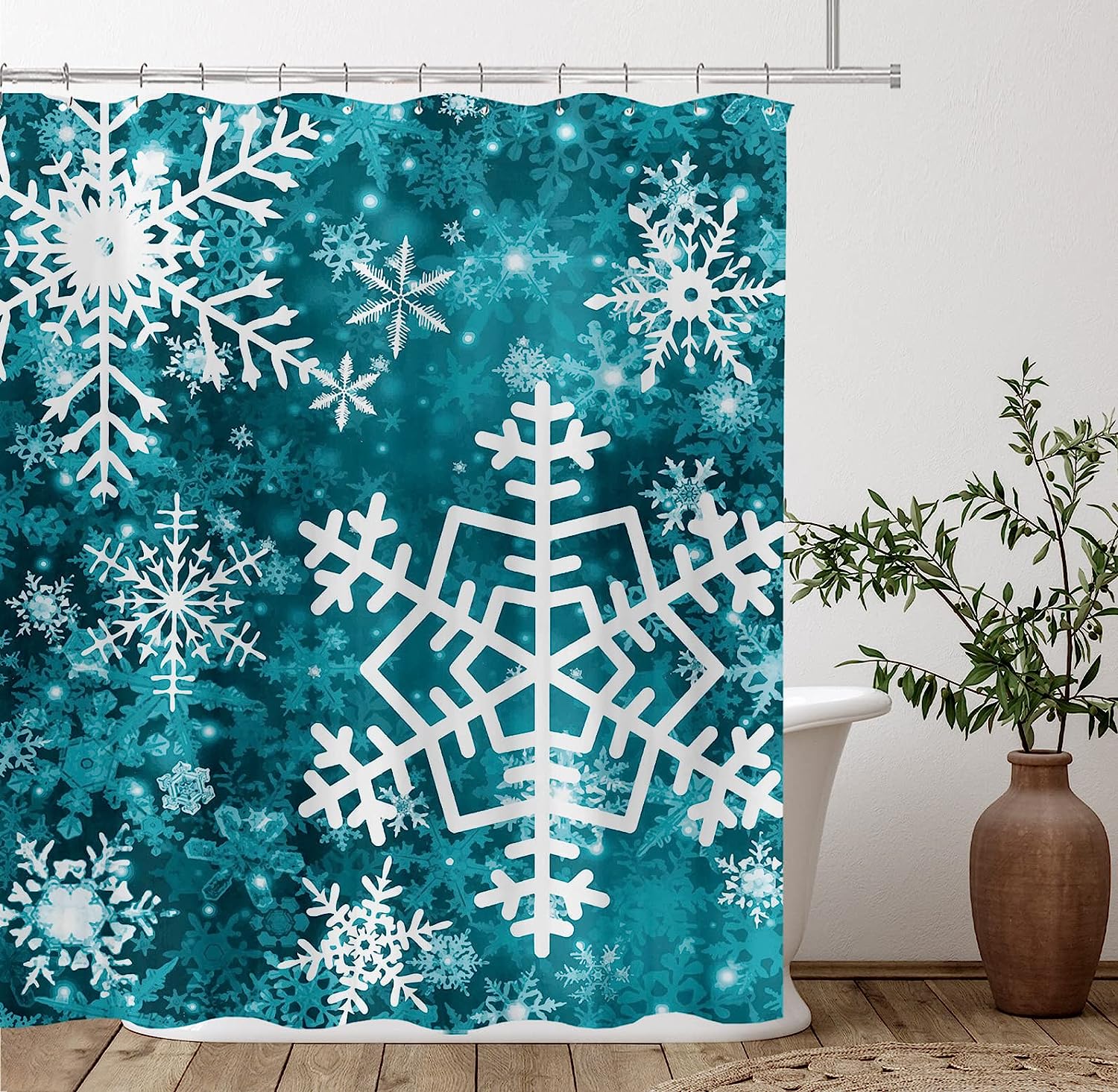 Elegant and Understated Merry Christmas Snowflake Shower Curtain in Teal for Delicate Bathroom Decor
