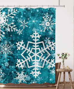 Elegant and Understated Merry Christmas Snowflake Shower Curtain in Teal for Delicate Bathroom Decor