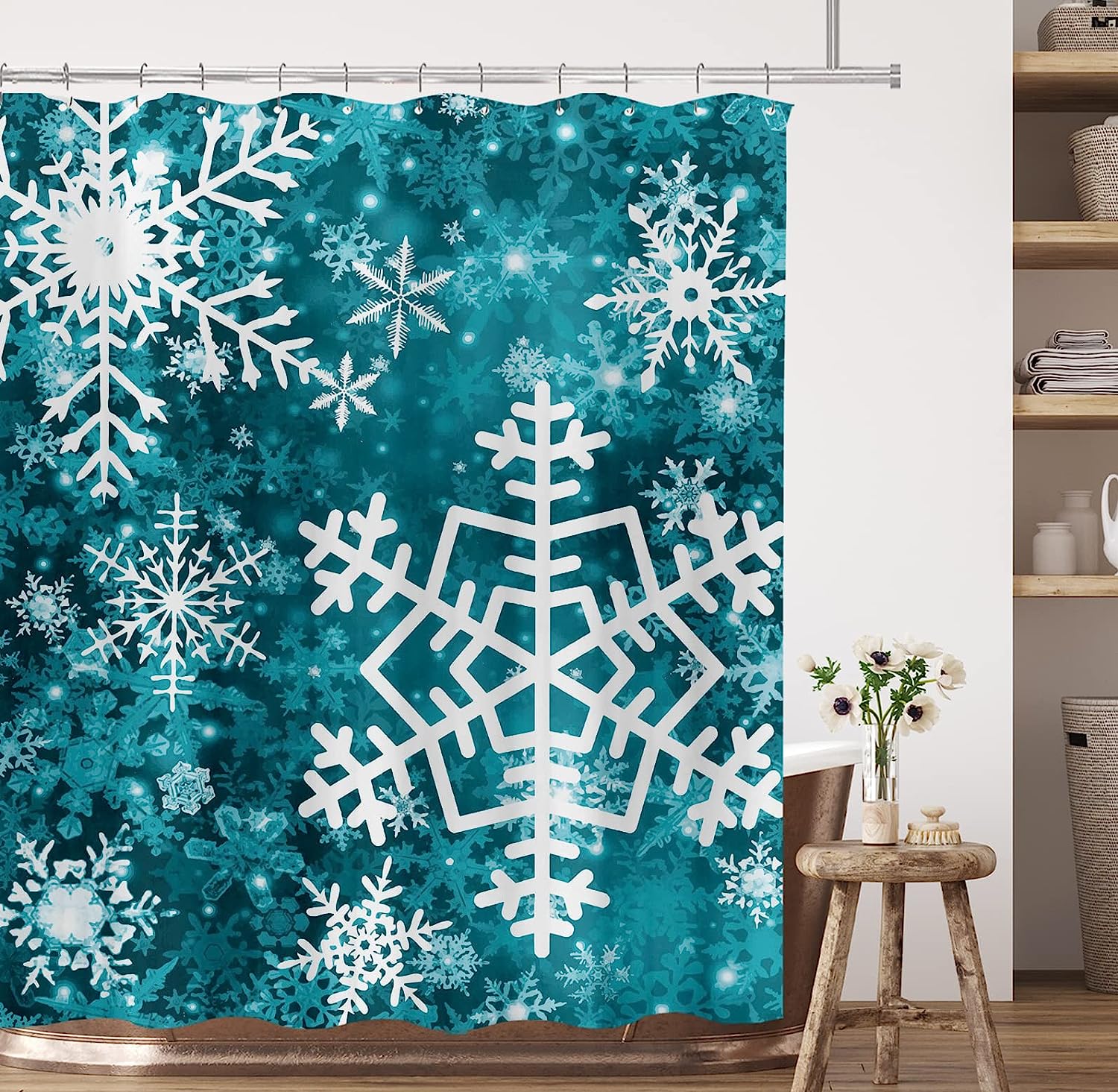 Elegant and Understated Merry Christmas Snowflake Shower Curtain in Teal for Delicate Bathroom Decor