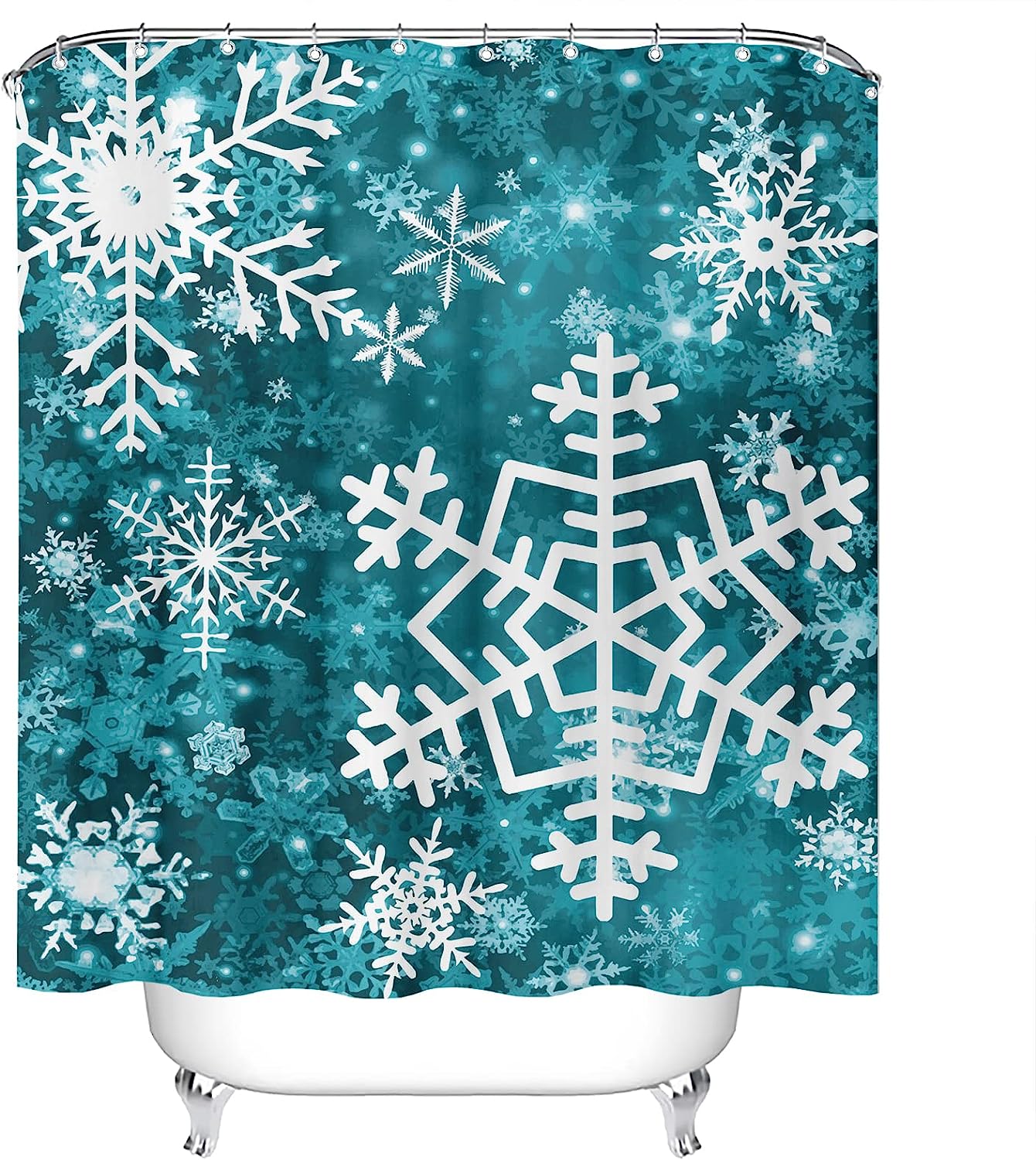 Elegant and Understated Merry Christmas Snowflake Shower Curtain in Teal for Delicate Bathroom Decor