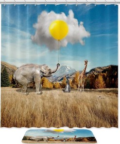 Elephant And Giraffe Clouds Shower Curtain, Microfiber Bathroom Accents Fabric Machine Washable
