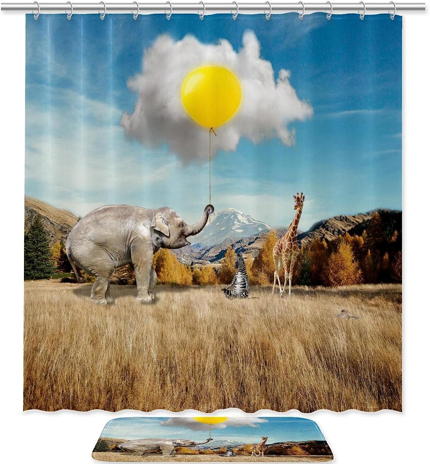 Elephant And Giraffe Clouds Shower Curtain, Microfiber Bathroom Accents Fabric Machine Washable