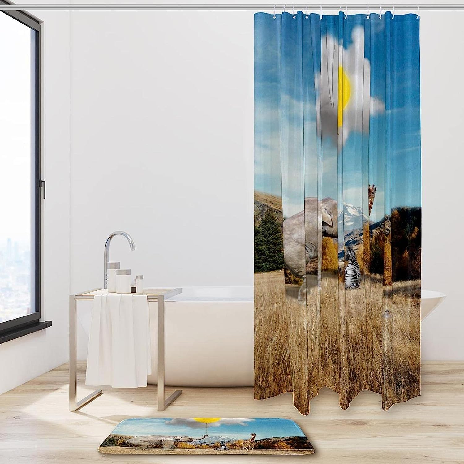 Elephant And Giraffe Clouds Shower Curtain, Microfiber Bathroom Accents Fabric Machine Washable - Image 2