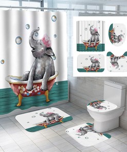 Elephant Bubbles Waterproof Bathroom Shower Curtain Set With Mat And Lid Cover
