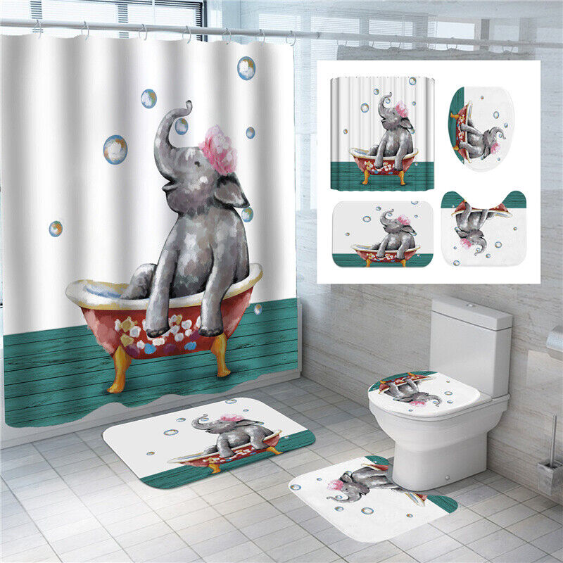 Elephant Bubbles Waterproof Bathroom Shower Curtain Set With Mat And Lid Cover
