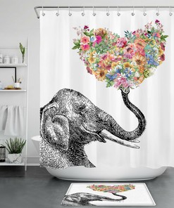 Elephant Colored Heart-Shaped Flowers Shower Curtain For Bathroom