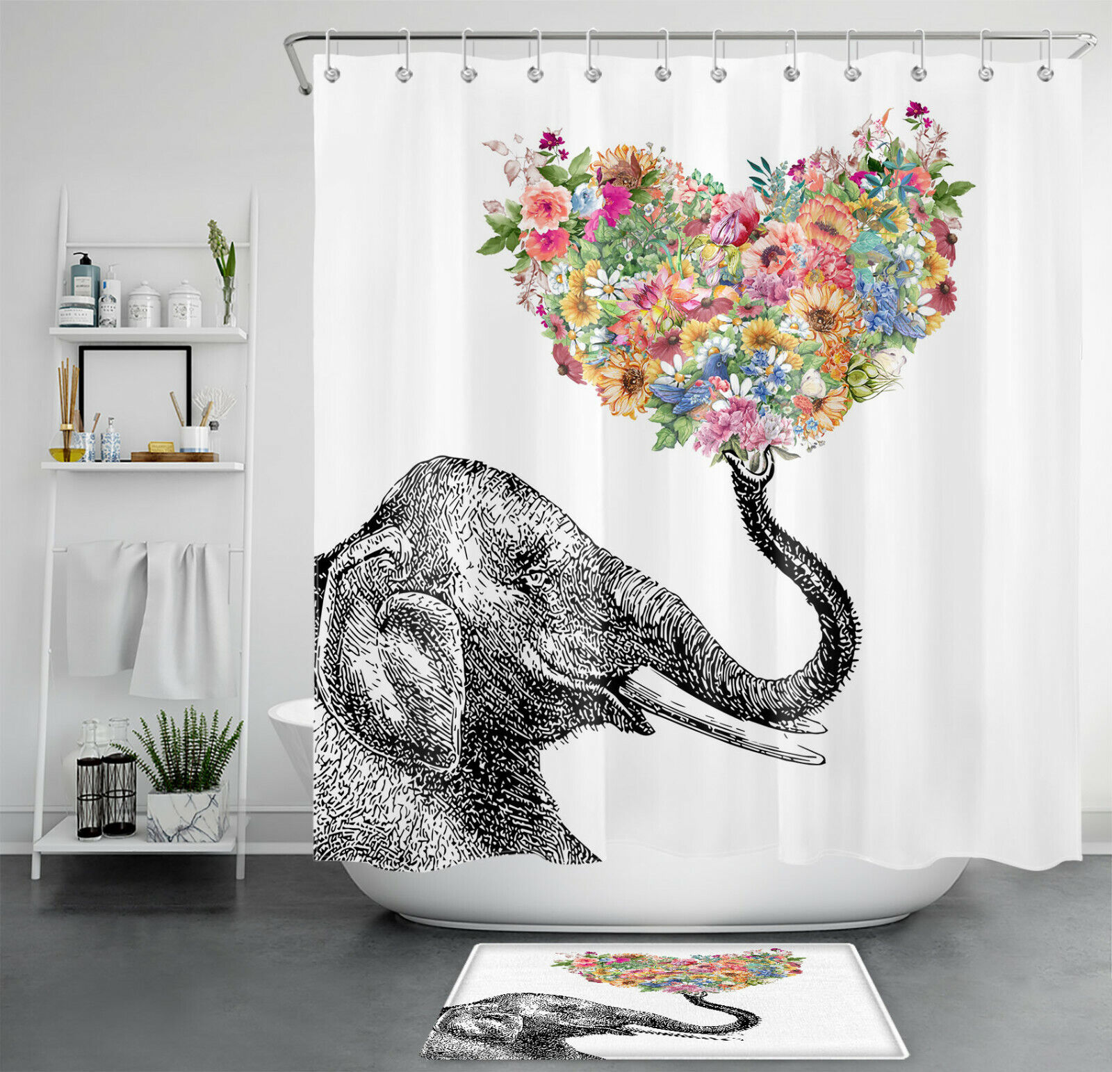 Elephant Colored Heart-Shaped Flowers Shower Curtain For Bathroom