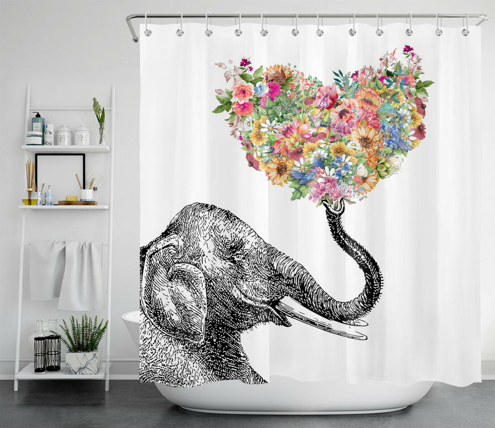 Elephant Colored Heart-Shaped Flowers Shower Curtain For Bathroom - Image 2