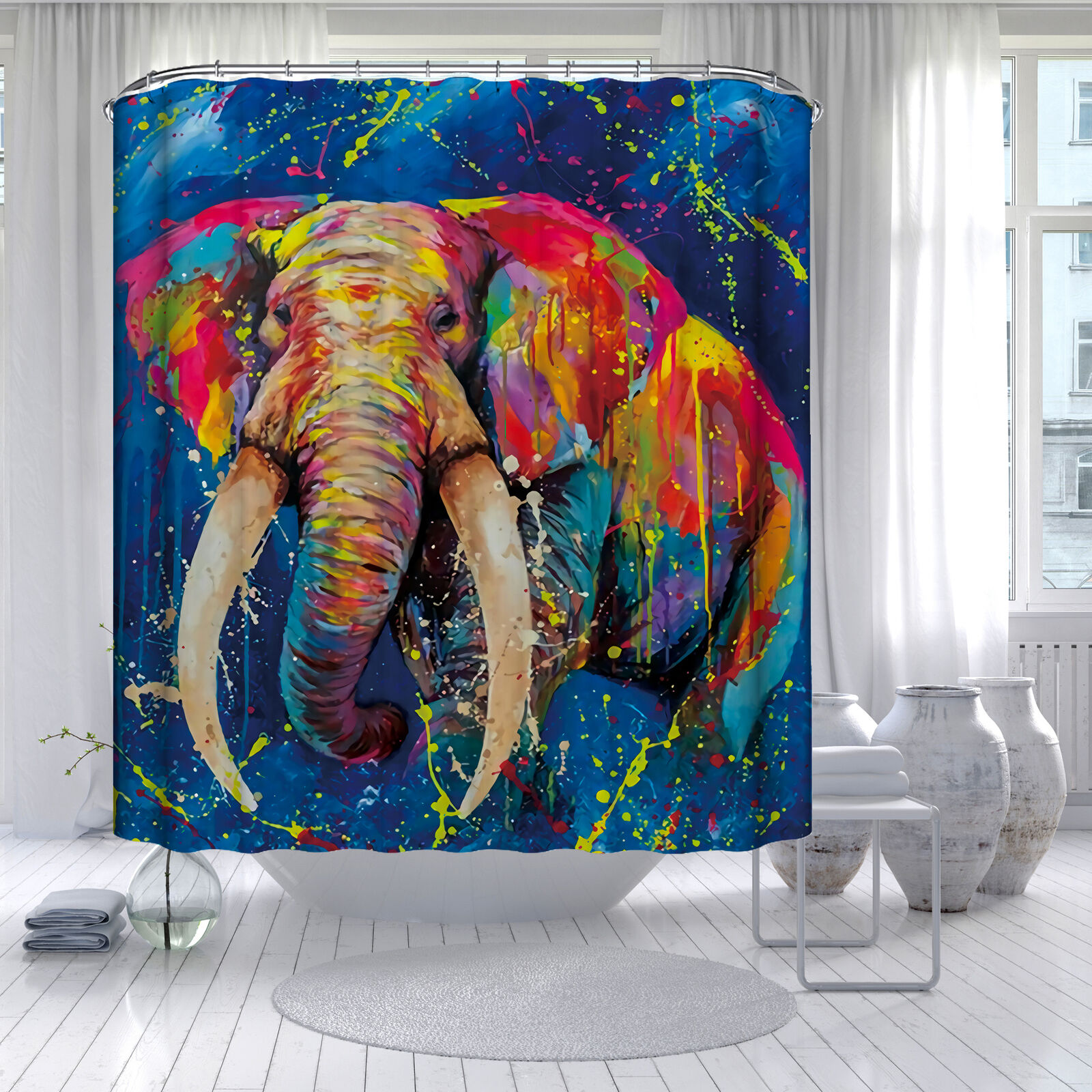 Elephant Fabric Shower Curtain With Colorful Graffiti Print, Ideal For Any Bathroom