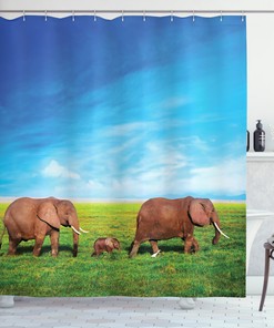 Elephant Family Safari Print Shower Curtain for African Inspired Bathroom Decor
