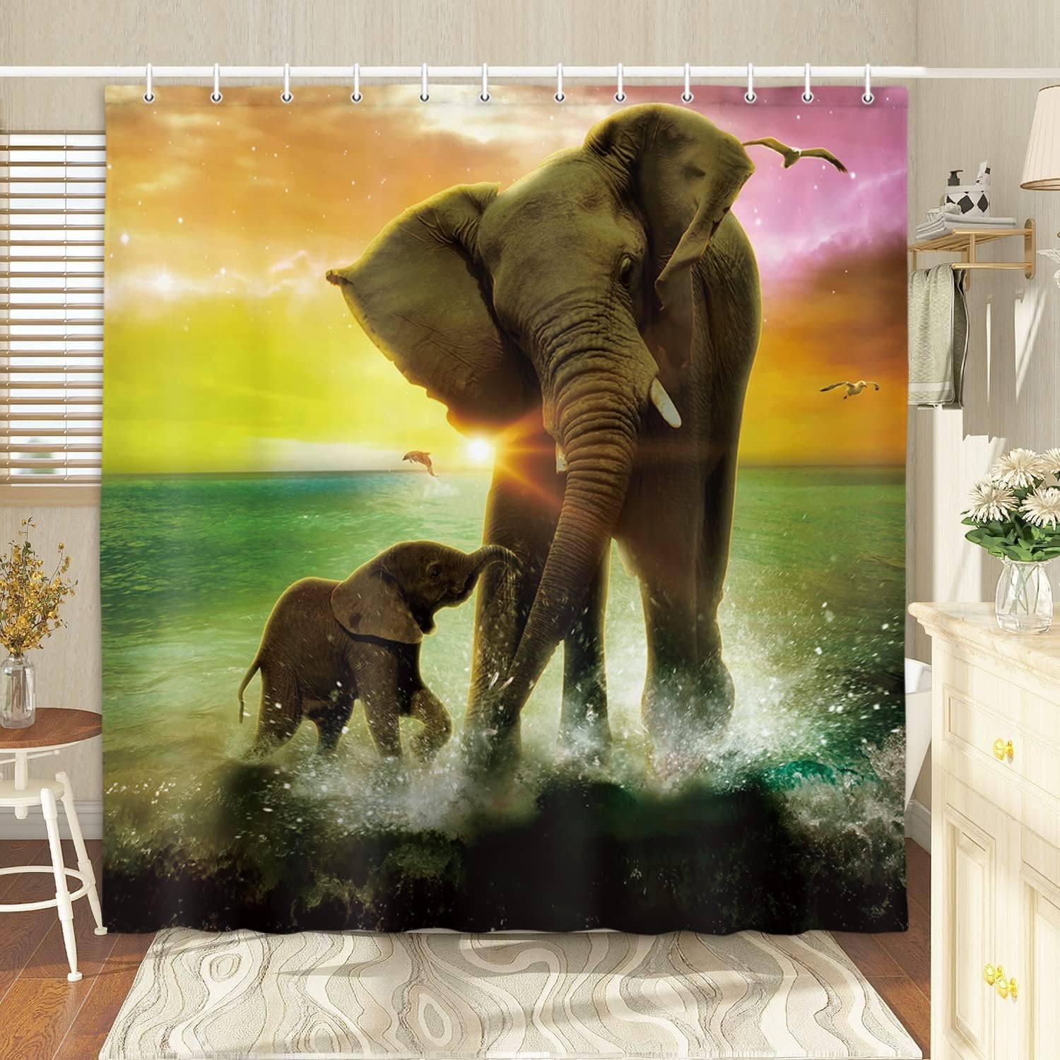 Elephant Family Shower Curtain For An African-Inspired Bathroom Decor, Nature-Themed Bathroom Accessories - Image 2