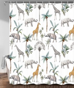 Elephant Giraffe Fabric Shower Curtain, Waterproof and Stylish Bathroom Decor 