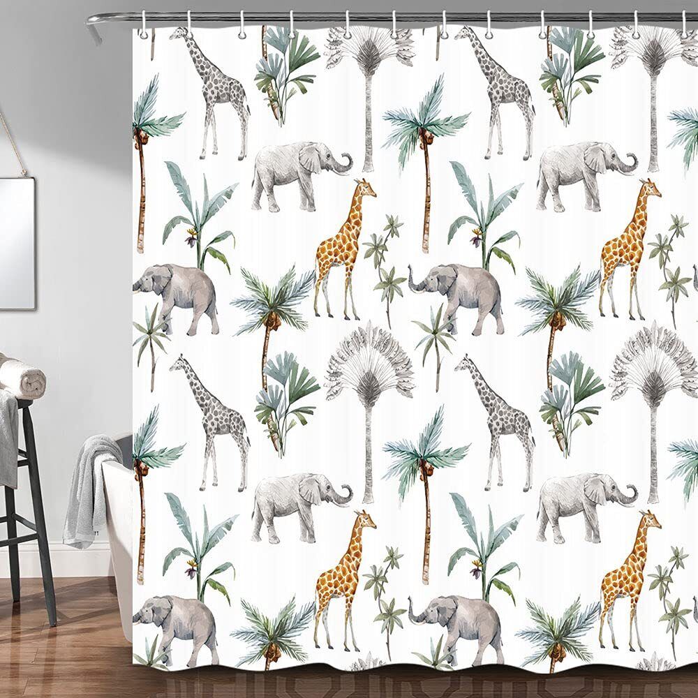 Elephant Giraffe Fabric Shower Curtain, Waterproof and Stylish Bathroom Decor