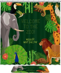 Elephant Lion Peacock Giraffe Zoo Shower Curtain Mat - Bathroom Shower Curtain by Welcome to The Zoo
