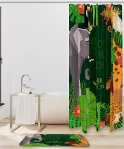 Elephant Lion Peacock Giraffe Zoo Shower Curtain Mat - Bathroom Shower Curtain by Welcome to The Zoo