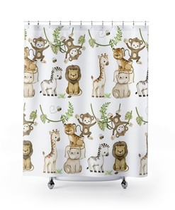 Elephant Monkey Giraffe Zebra Lion Tiger Bee Watercolor Shower Curtain, Kid's Jungle Bathroom Decor