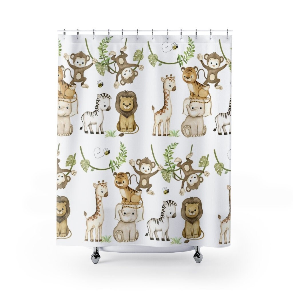 Elephant Monkey Giraffe Zebra Lion Tiger Bee Watercolor Shower Curtain, Kid's Jungle Bathroom Decor