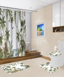 Elephant Monkey Waterproof Shower Curtain With Coconut Tree For Travel Bathroom Decor