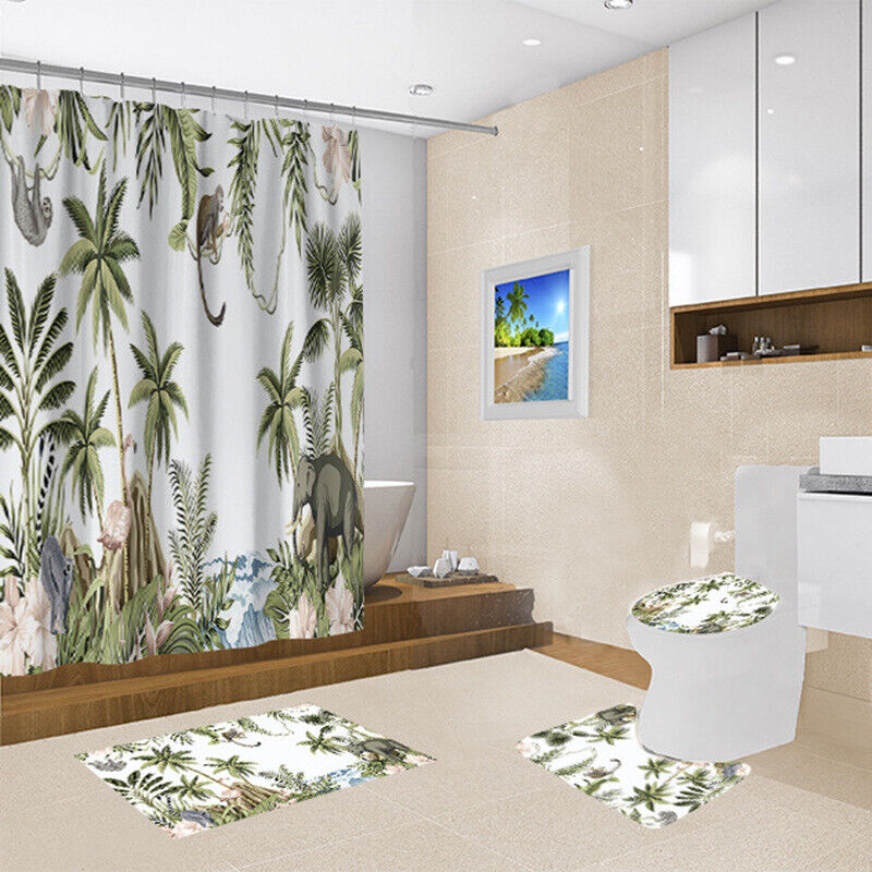Elephant Monkey Waterproof Shower Curtain With Coconut Tree For Travel Bathroom Decor
