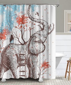 Elephant Shower Curtain Girl On Elephant With Red Trees Cute Wild Animal Bathroom Decor For Girls