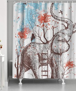 Elephant Shower Curtain Girl On Elephant With Red Trees Cute Wild Animal Bathroom Decor For Girls