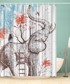 Elephant Shower Curtain Girl On Elephant With Red Trees Cute Wild Animal Bathroom Decor For Girls