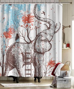 Elephant Shower Curtain Girl On Elephant With Red Trees Cute Wild Animal Bathroom Decor For Girls