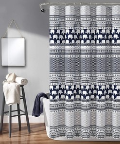 Elephant Stripe Shower Curtain- Fun Geometric Animal Print Design for Kids Bathroom Decor in Blue 