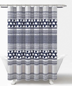 Elephant Stripe Shower Curtain- Fun Geometric Animal Print Design for Kids Bathroom Decor in Blue 