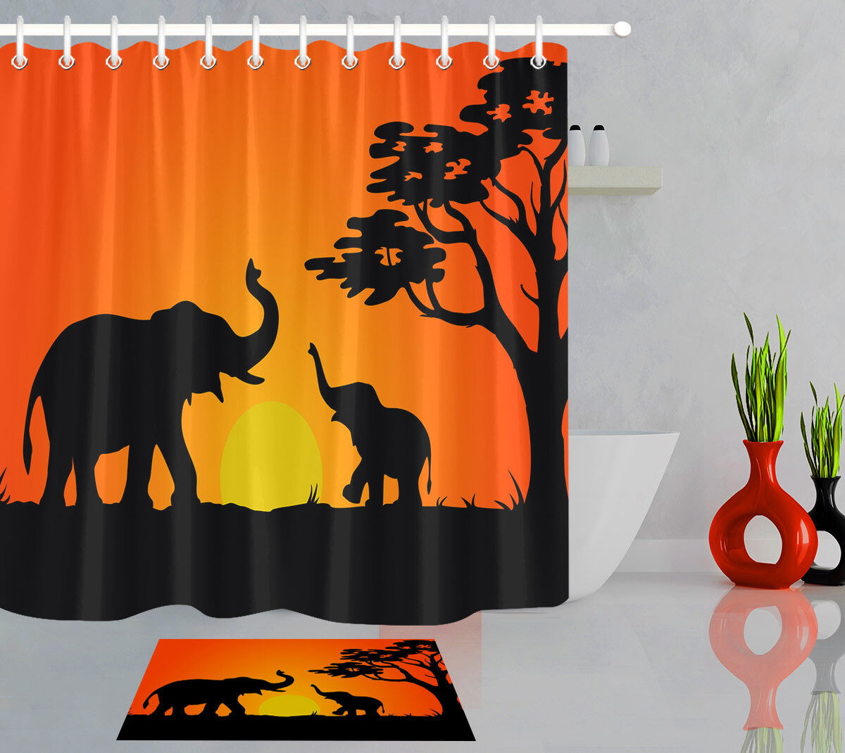 Elephant Theme Fabric Shower Curtain For Bathroom