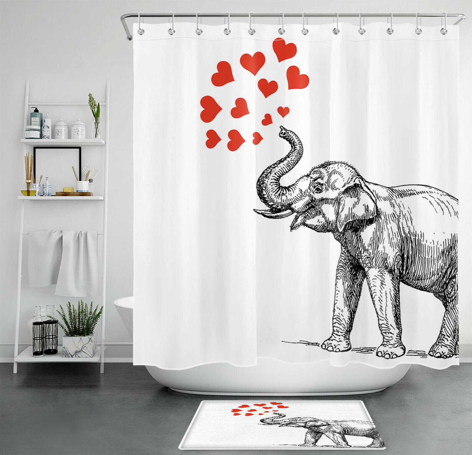 Elephant Valentine'S Day Red Hearts Shower Curtain For Bathroom