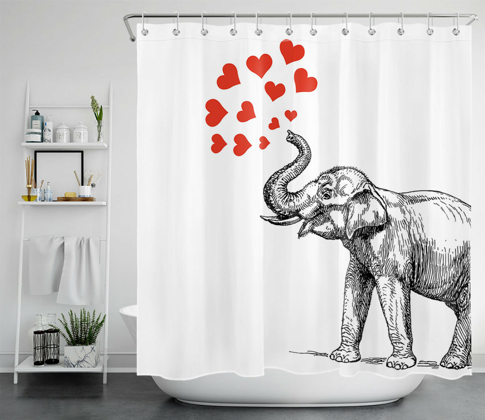 Elephant Valentine'S Day Red Hearts Shower Curtain For Bathroom - Image 2