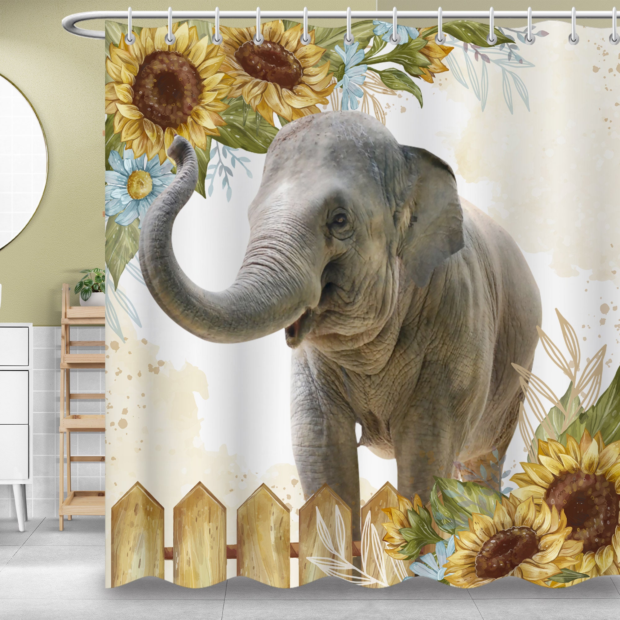 Elephant With Sunflowers - Aesthetic Waterproof Fabric Shower Curtain