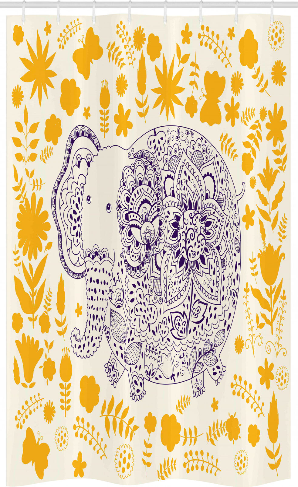 Elephant and Floral Shower Curtain with Oriental Stable Design