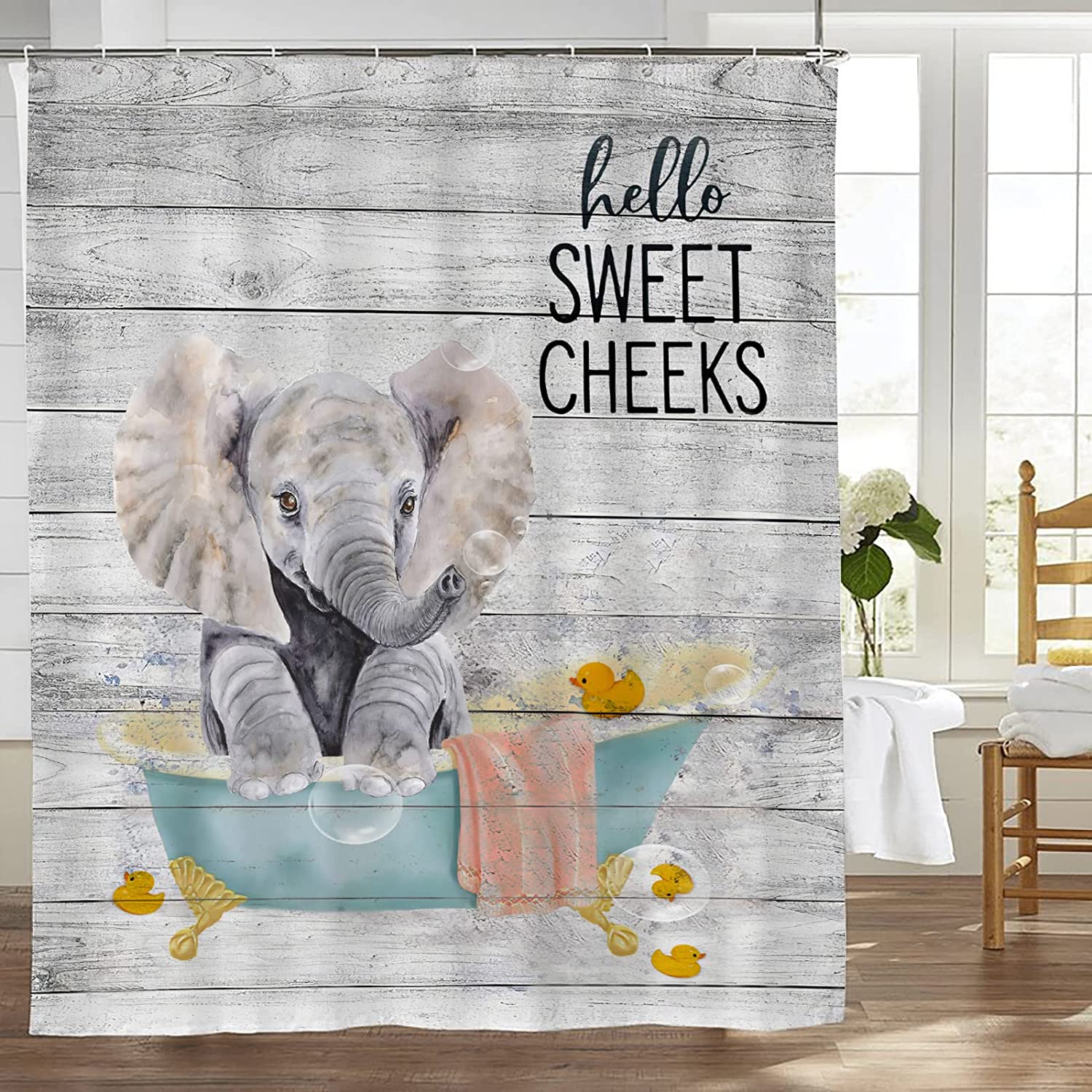 Elephant in Bathtub Print Shower Curtain for Rustic Animal Bathroom Decor
