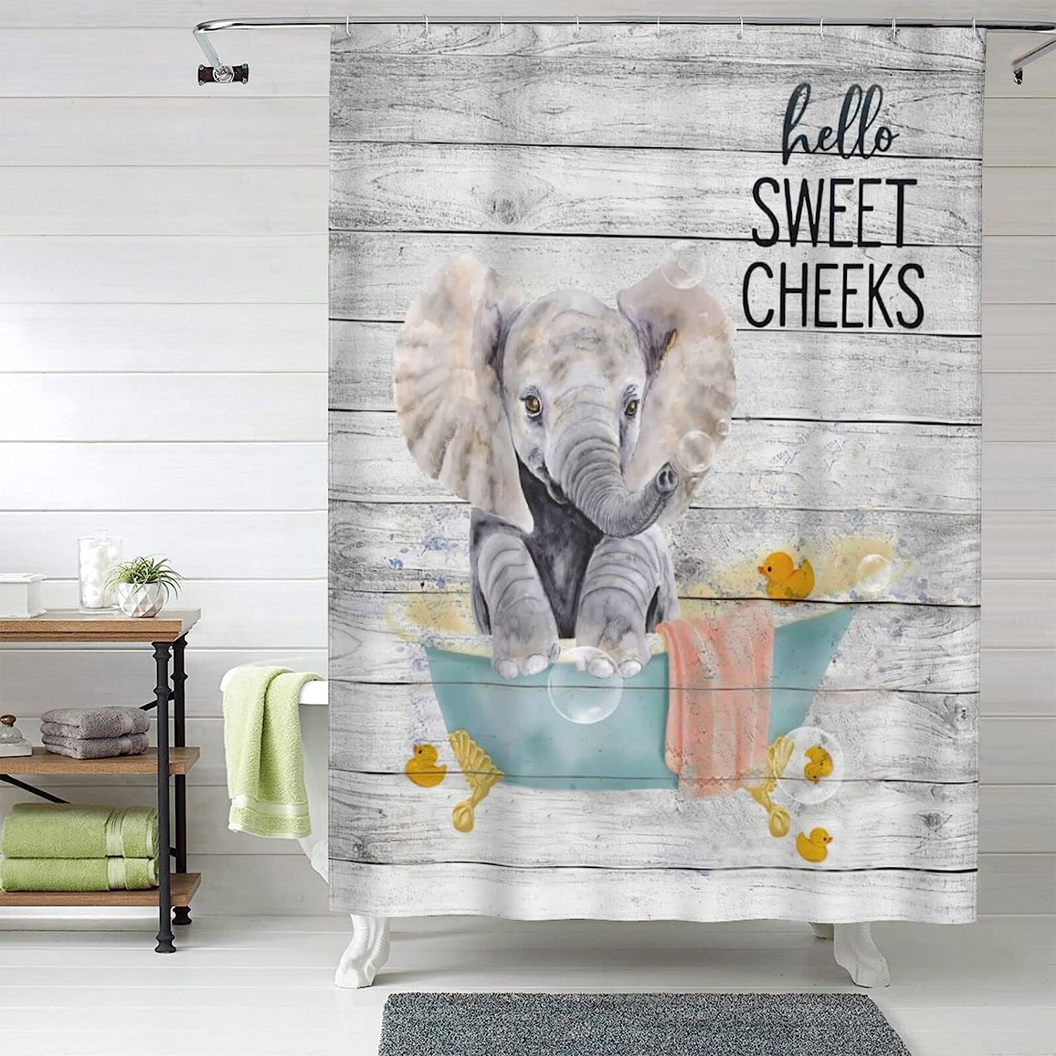Elephant in Bathtub Print Shower Curtain for Rustic Animal Bathroom Decor